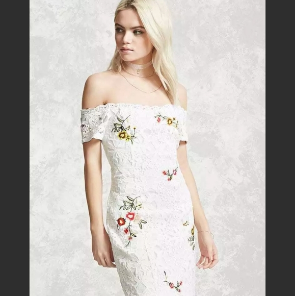 Forever 21 Dresses & Skirts - FOREVER 21 NWT Cream Knit Multicolor Floral Embroidered Off The Shoulder Dress L